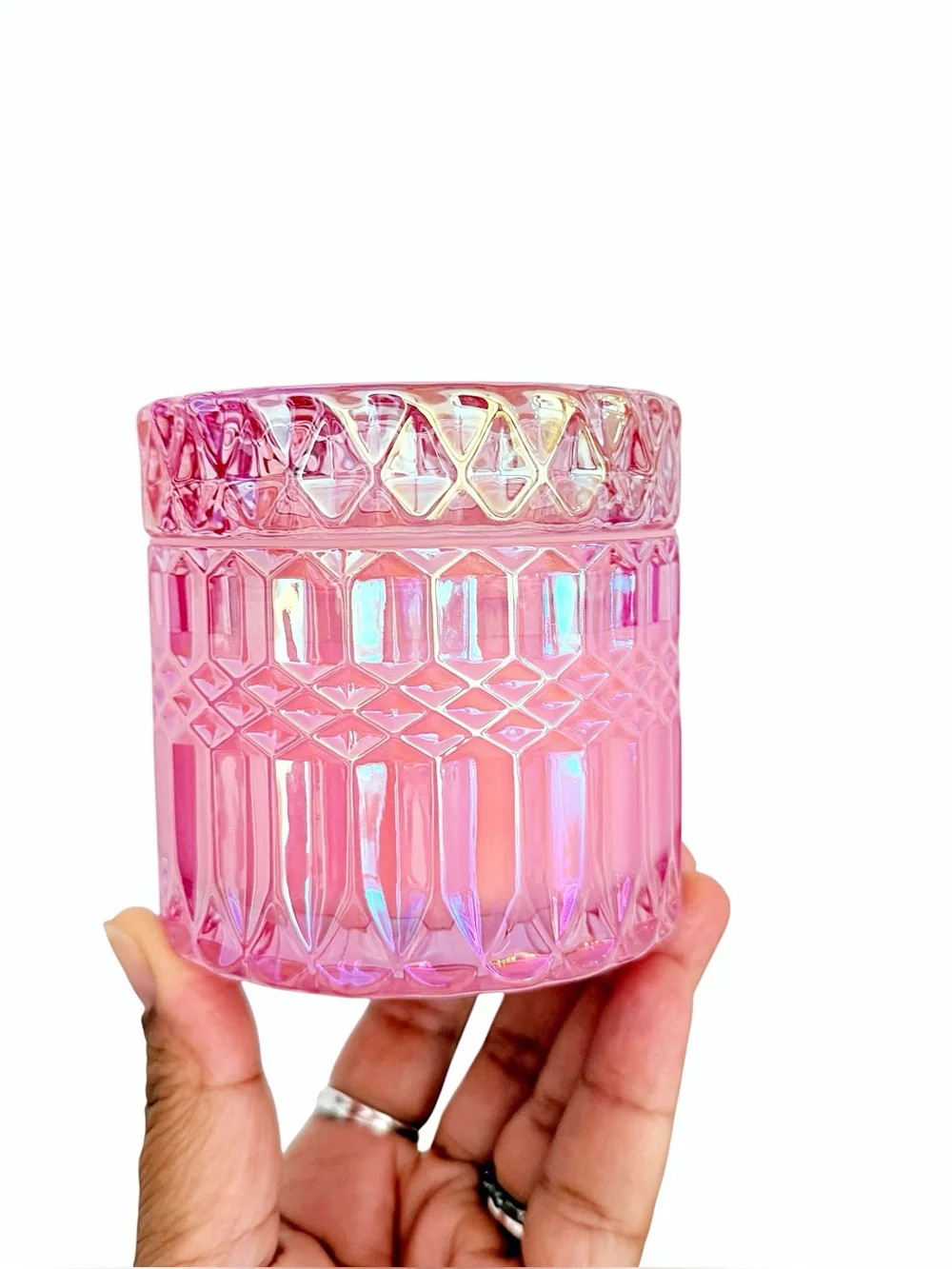 Leoben Company Guava Blossom Scented Candle Iridescent Pink Cut Glass Jar w/ Lid